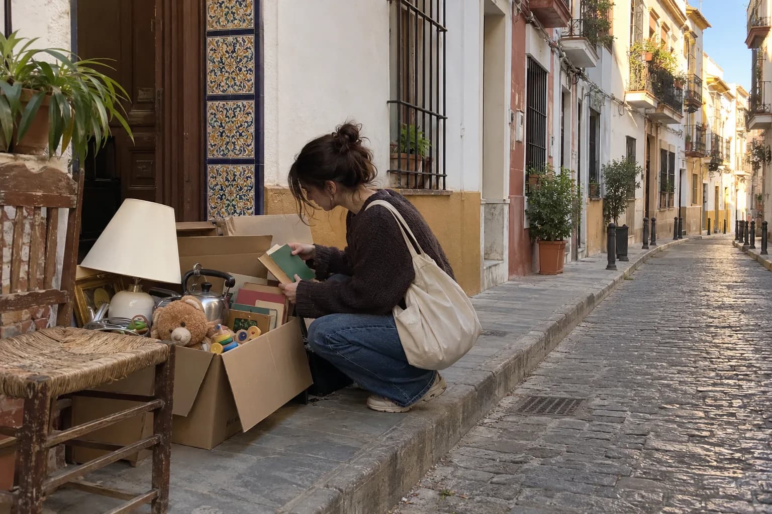 Una joven revisa una caja de cosas gratis junto a un portal, con una lámpara, libros, juguetes y una silla