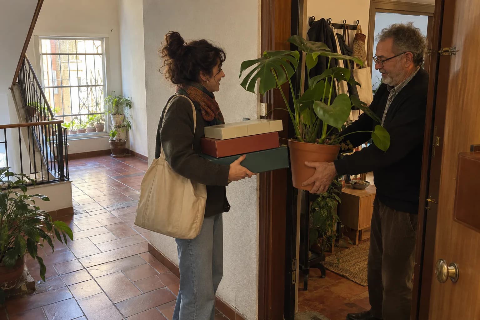 Un vecino mayor entrega una planta a una joven que le da a cambio unos juegos de mesa en su puerta