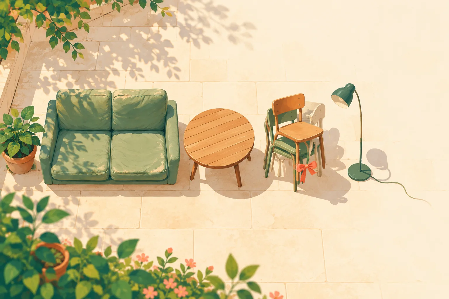 Ilustración cenital de un sofá, una mesa y sillas usadas listos para intercambiar en un patio