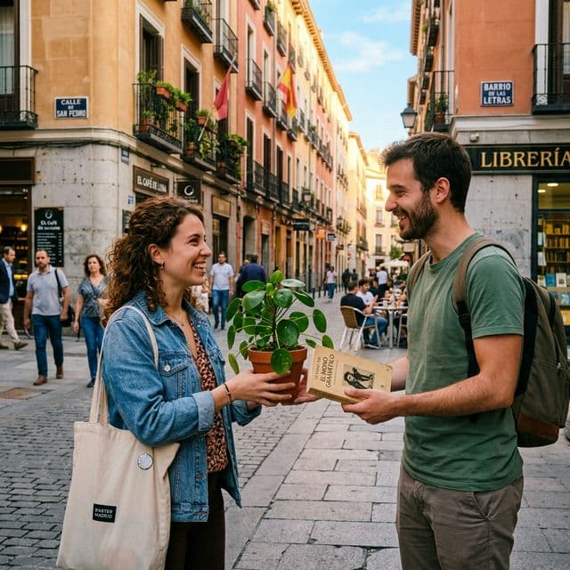 Personas intercambiando una planta por un libro en una calle de Madrid, concepto de app de trueques y economía circular.