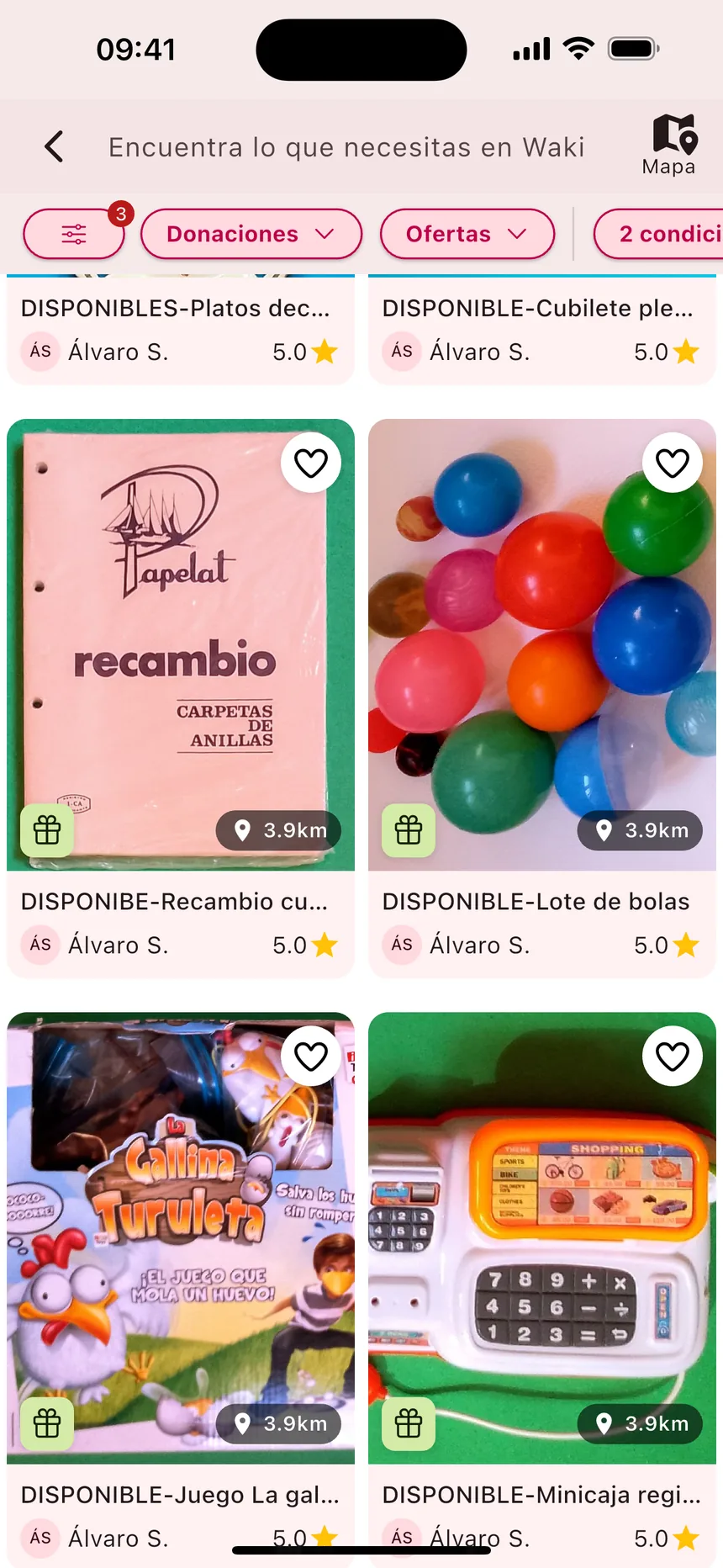 Results list in the Waki app showing free items nearby